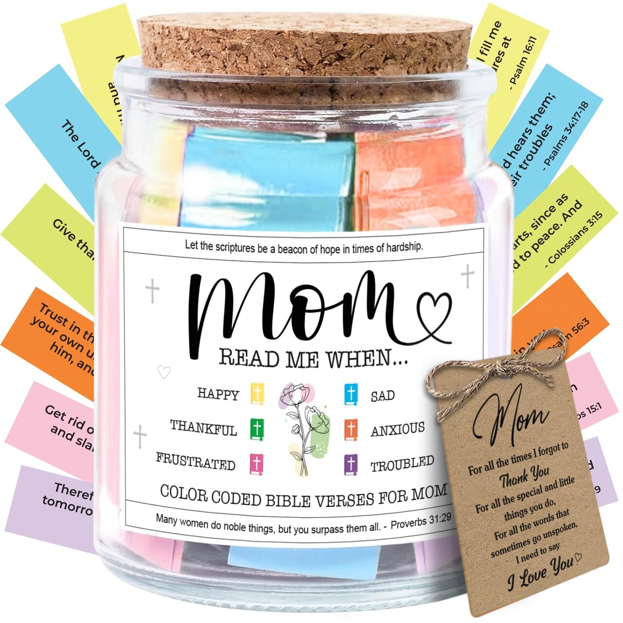 Mothers Day Gifts For Mom, Mom Gifts From Daughters Son on Mother Birthday, Bible Jar, Christian Gift for Wife, Thank You Gift Decorative Inspirational Scripture Jar with 92 Bible Verses